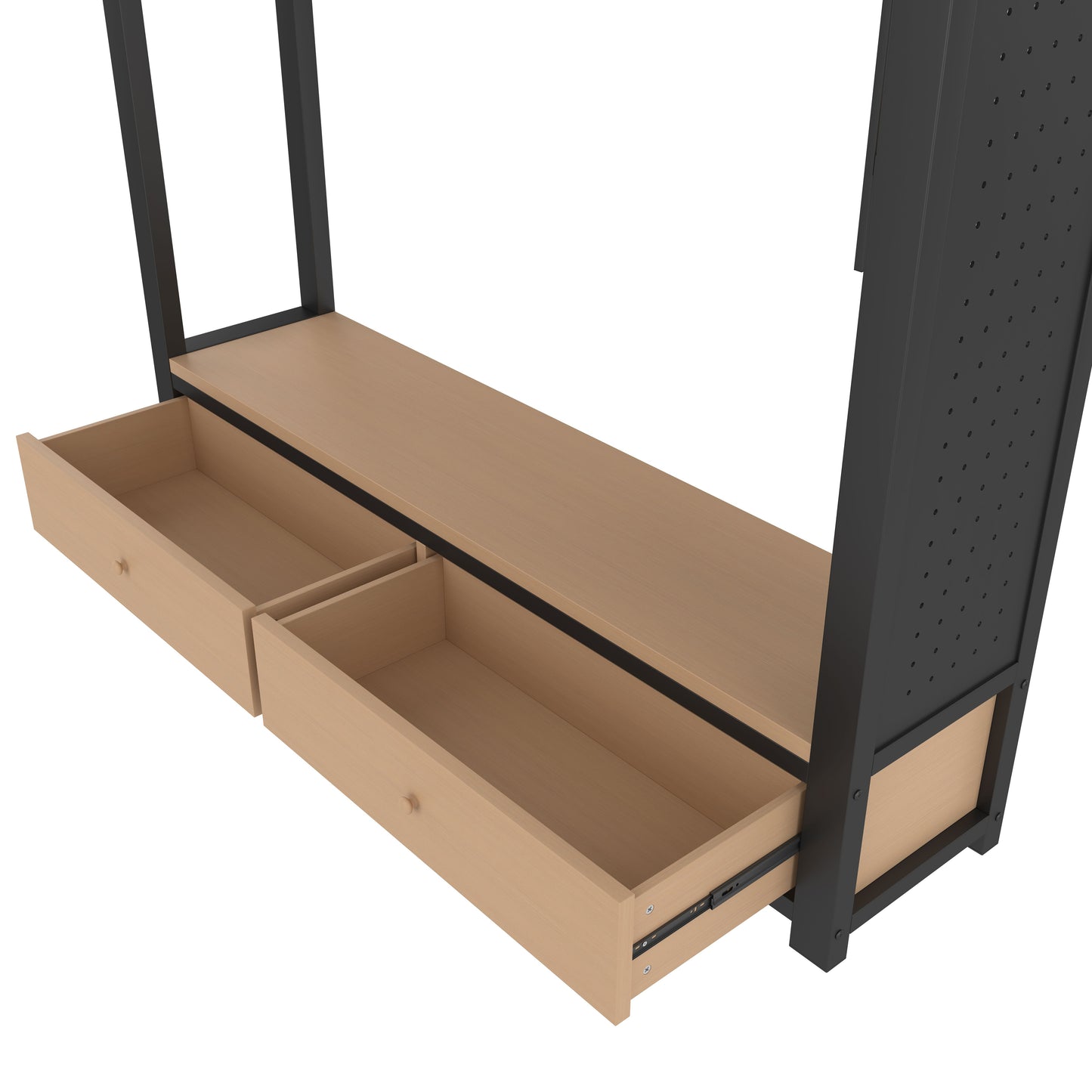 Queen size Loft Bed Frame with Wardrobe,Metal Loft Bed with Storage Shelves and Pegboard,Black image 12