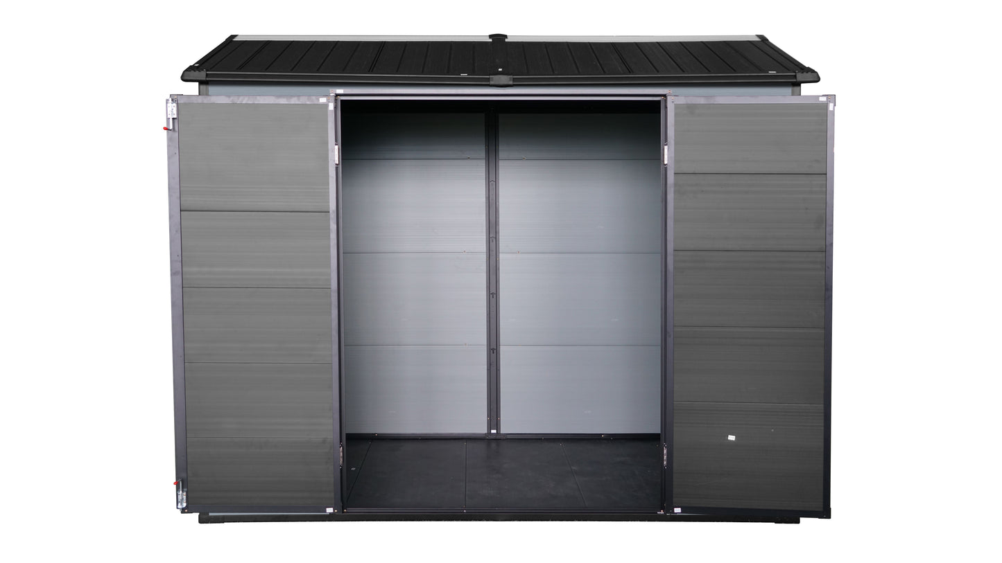 8x4ft Outdoor Resin Garden Shed with Floor and 2 Windows, Plastic Patio Outdoor Storage Shed with Lockable Door for Garden Tools, Bicycles, Trash Cans, Gray+Black image 11