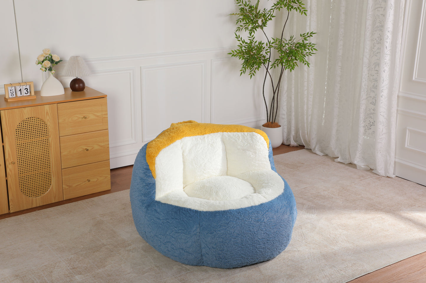 Oversized Bean Bag Chairs,Multicolor Faux Fur Couch Filled with Shredded Sponge,Large Lounger Sofa For Living Room,No Assembly Required, Blue+White+Yellow image 12