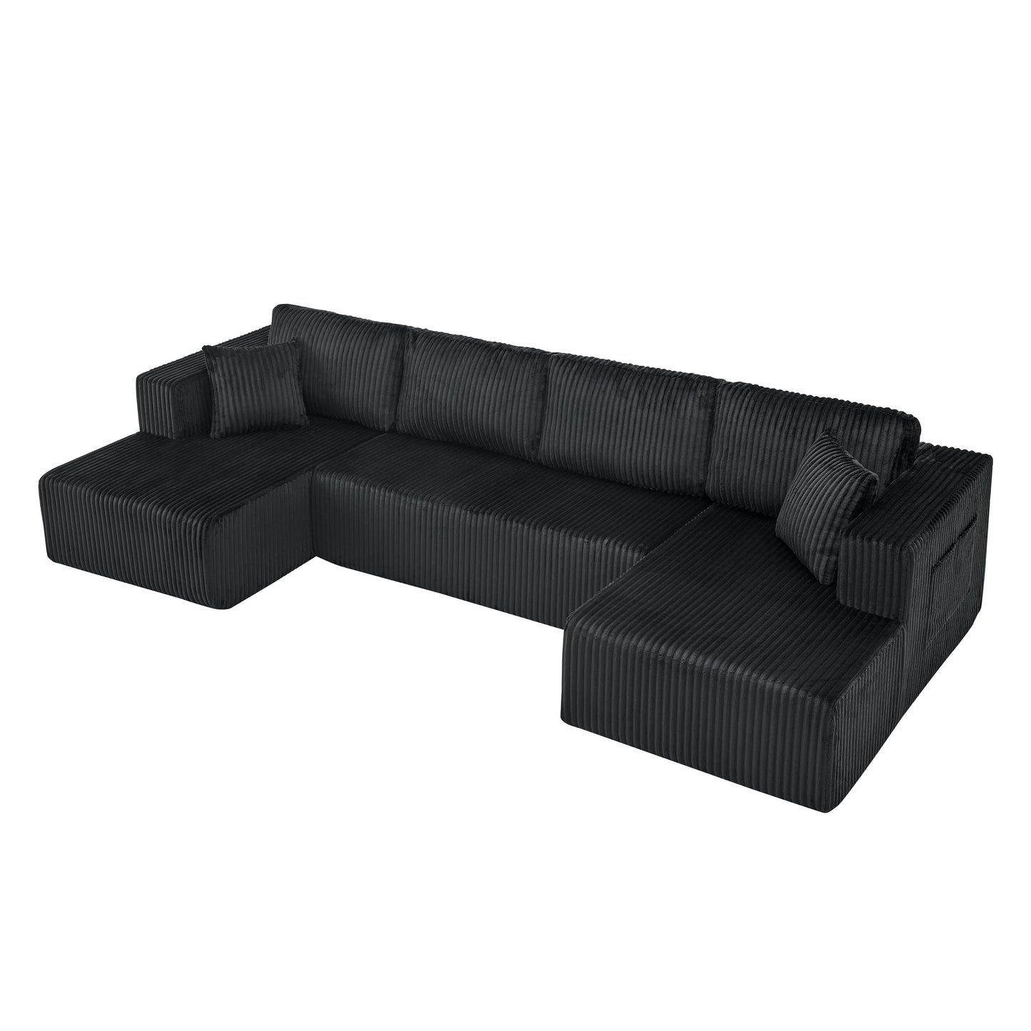 132" U Shaped Modular Sectional Sofa, Comfy Compressed Cloud Couch with Side Pockets, Modern Minimalist Corduroy Memory Foam Sleeper Sofa for Living Room, No Assembly Required,Black image 10