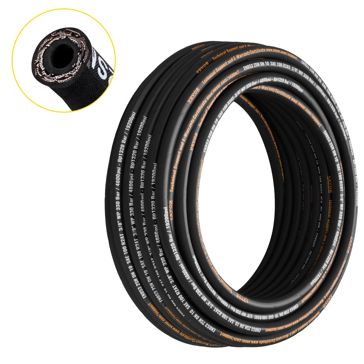 VEVOR Hydraulic Hose, Coiled Rubber Hydraulic Hose with 2 High-Tensile Steel Wire Braid for Construction and Agriculture 3/8 in / 100 ft