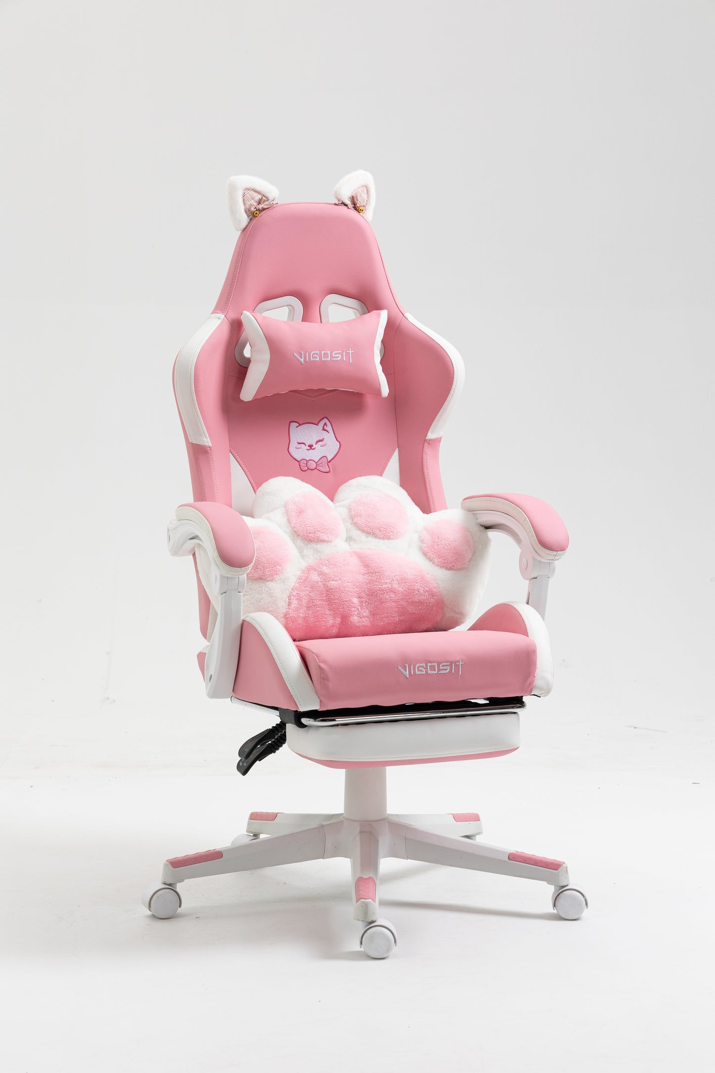 Cat Ears Pink Gaming Chair - Pink PU Leather Ergonomic Reclining Office Chair with Footrest, 310lb Capacity, 6-Position Recline, 360° Swivel image 12