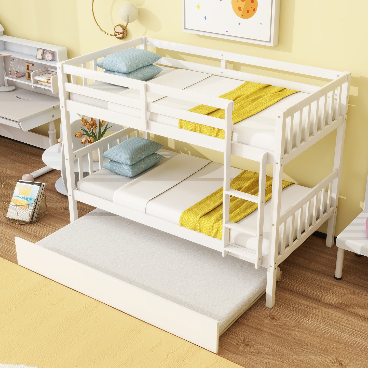 Twin Over Twin Rubber Wood Bunk Bed with Trundle, Convertible into Twin Size Beds, Twin Size Bunk Bed with Ladder and Safety Guardrails, White image 12