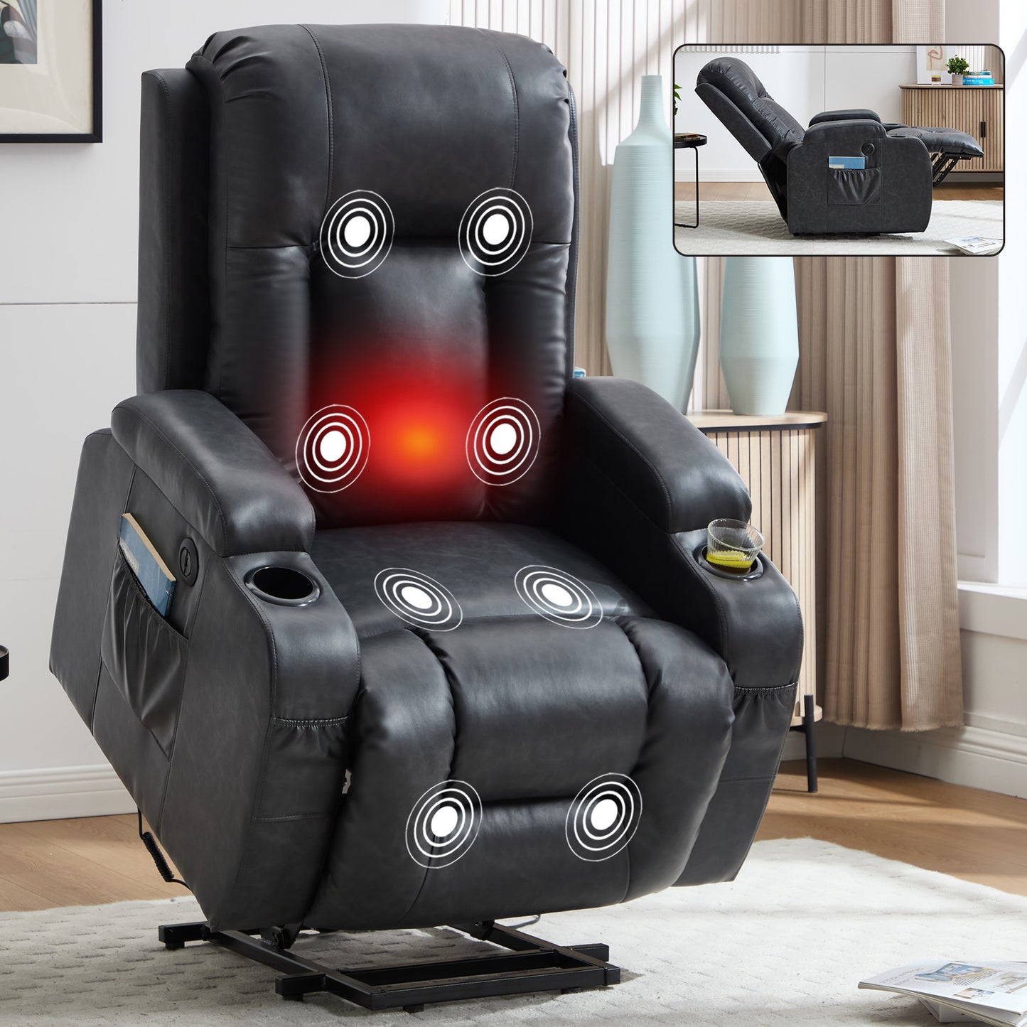 Dark Grey PU lInfinite Position Up to 350 LBS Power Lift Recliner Chair for Elderly, Heavy Duty Motion Mechanism with 8-Point Vibration Massage and Lumbar Heating, USB Charging Port, Cup Holders image 12