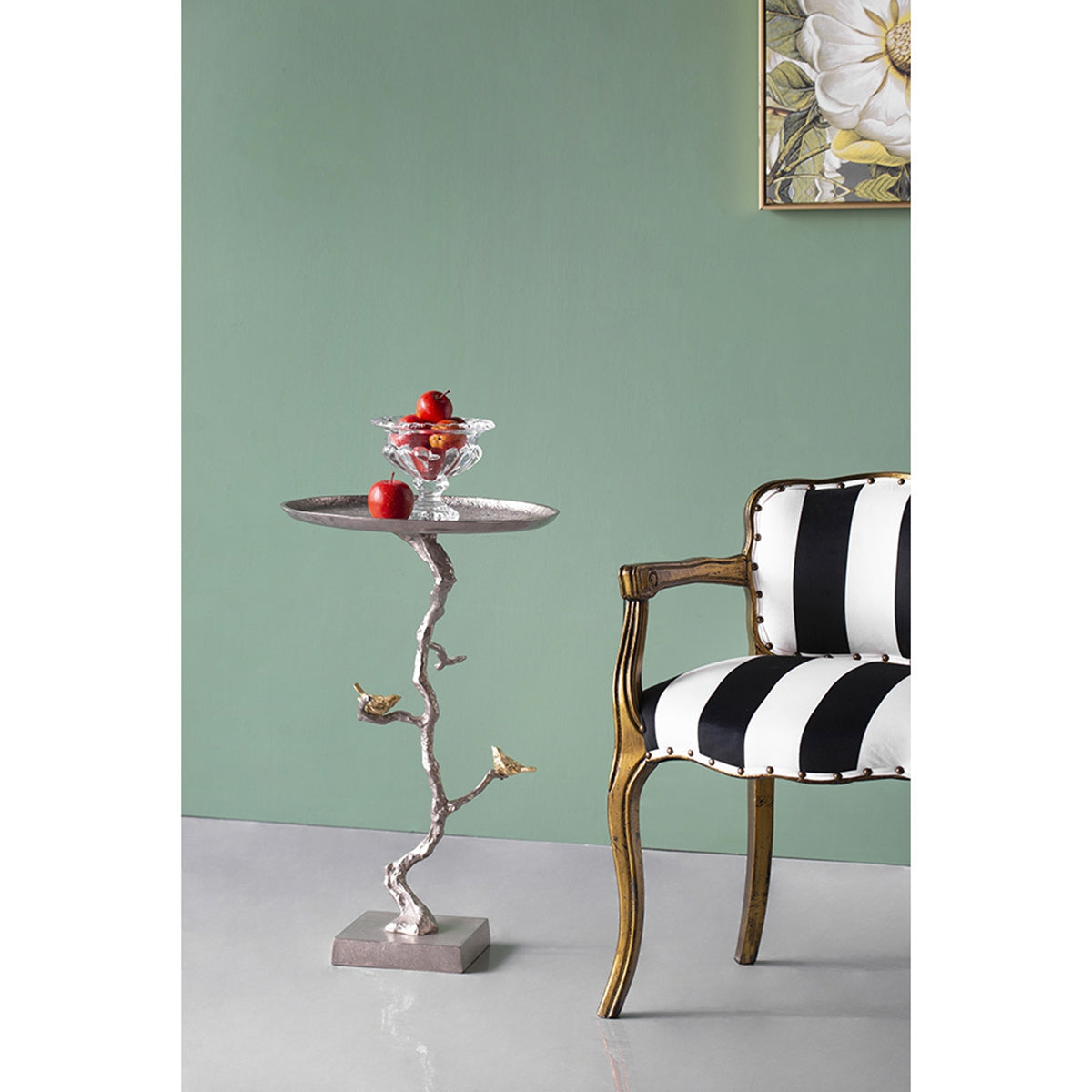 16.9x16.9x28" Round Aluminum Side Table with Silver Branch Design and Gold Bird Accents image 12