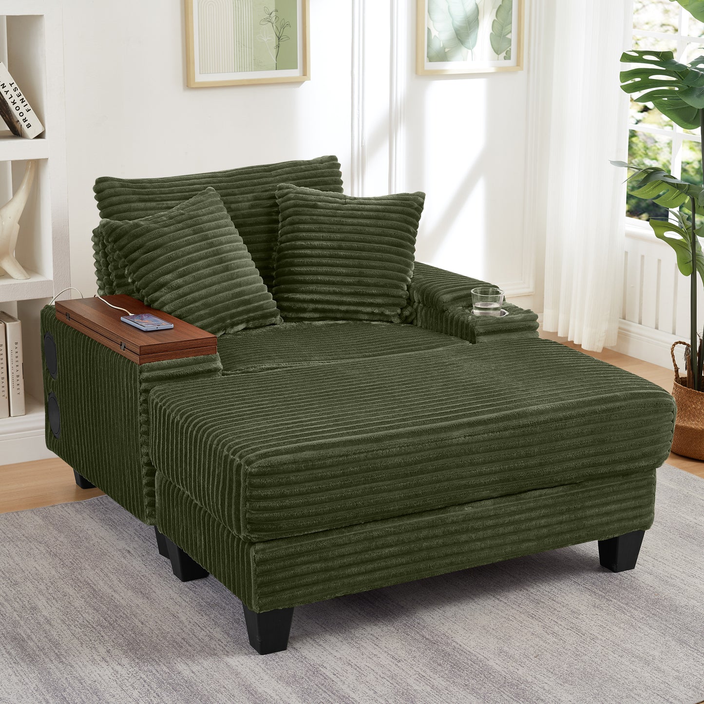 Fluffy Corduroy Storage Armrest Sofa,Single Versatile Seat with Ottoman,Cup Holder,Bluetooth Speaker,USB Ports,180°Rotating Table Board,For Living Room,Bedroom and Apartment image 12