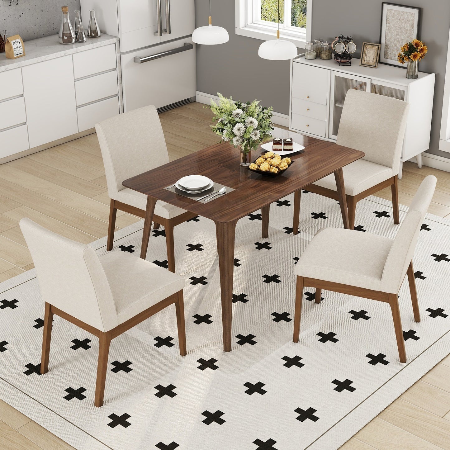 5-Piece Dining Table Set with One Solid Wood Frame Table and 4 Upholstered Chairs for Dining Room, Walnut+Light beige (same sku: N759S924557K / N759S004001K) image 12