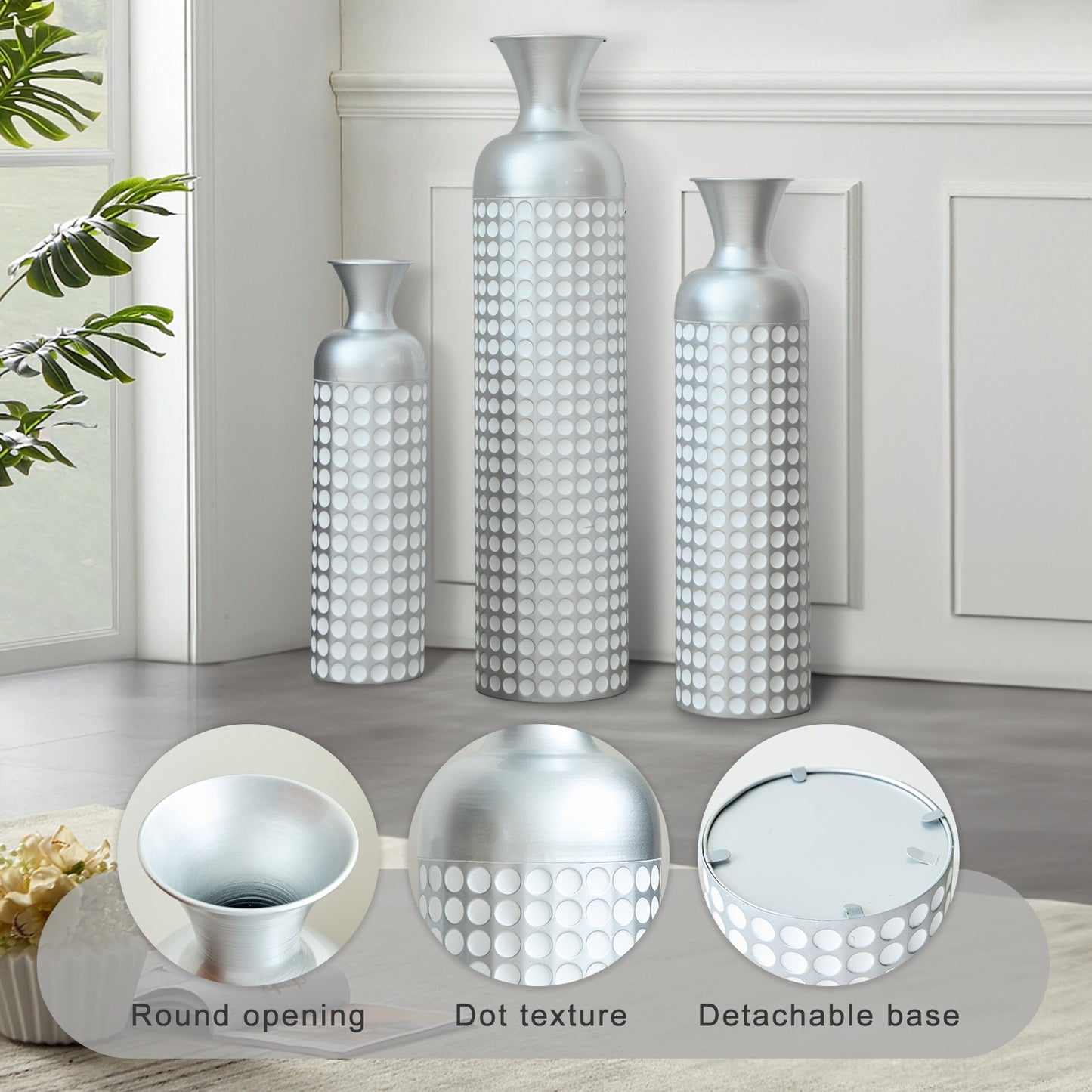 3 Pack Silver Metal Vase Set, Nested Semi-Handcrafted Embossed Vases, Modern Decorative Centerpieces for Home, Floor, Living Room, Fireplace, Not Waterproof image 7