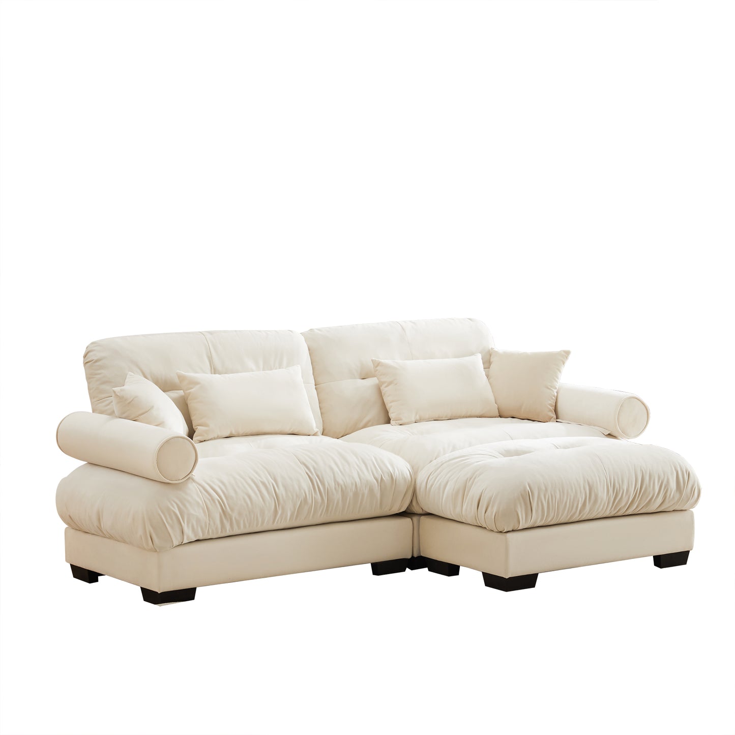 Over Size Modern Two-seater Sofa with Ottoman, Velvet 2-Seater with Round Bolster Armrests,With Waist Pillow and Throw Pillows,Small L Shape Sofa For Living Room, Reading Room, Loft and Bedroom,Cream image 12