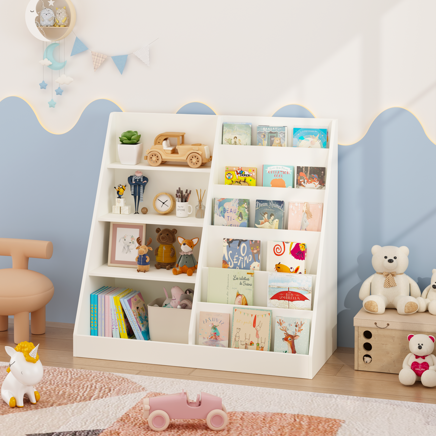 Kids Bookshelf and Toy Storage Organizer, Multifunctional 4 Tier Wooden Kids Book Shelf with Bookcase Display Stand in Kids Room Playroom Nursery for Kids, Children, Toddlers (White) image 12