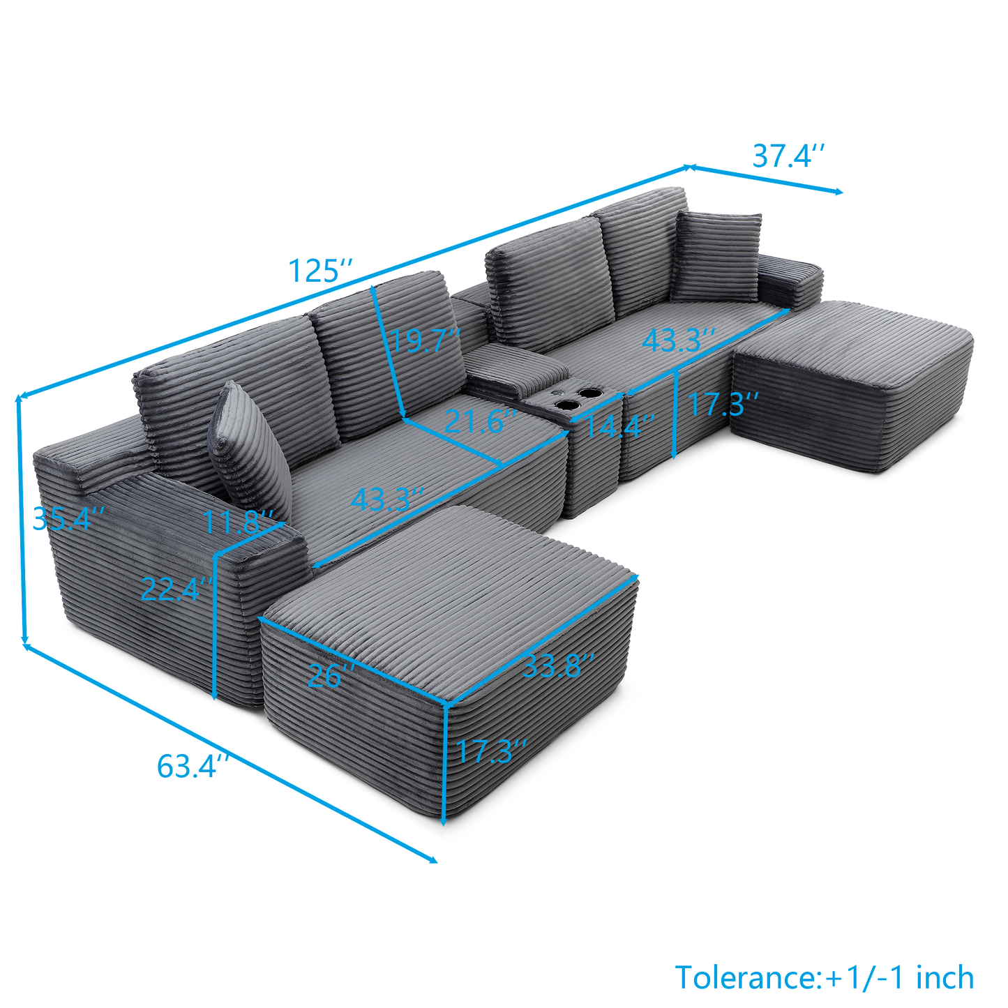 125'' Sectional Sofa With Two Ottomans, Cloud Couch with Deep Seat,L-Shape Sofa with Cup Holders and USB Ports,Upholstered Corduroy Couches for Living Room,Grey image 11