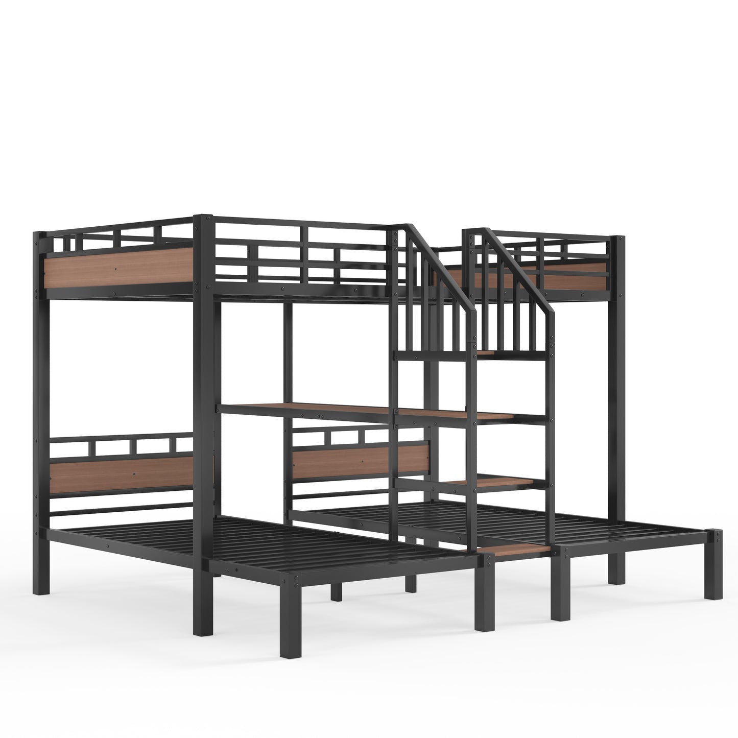 Full over Twin over Twin(Full XL over Twin over Twin) Metal Bunk Bed,triple metal bunk bed with Storage shelves and storage stairs,Black image 12