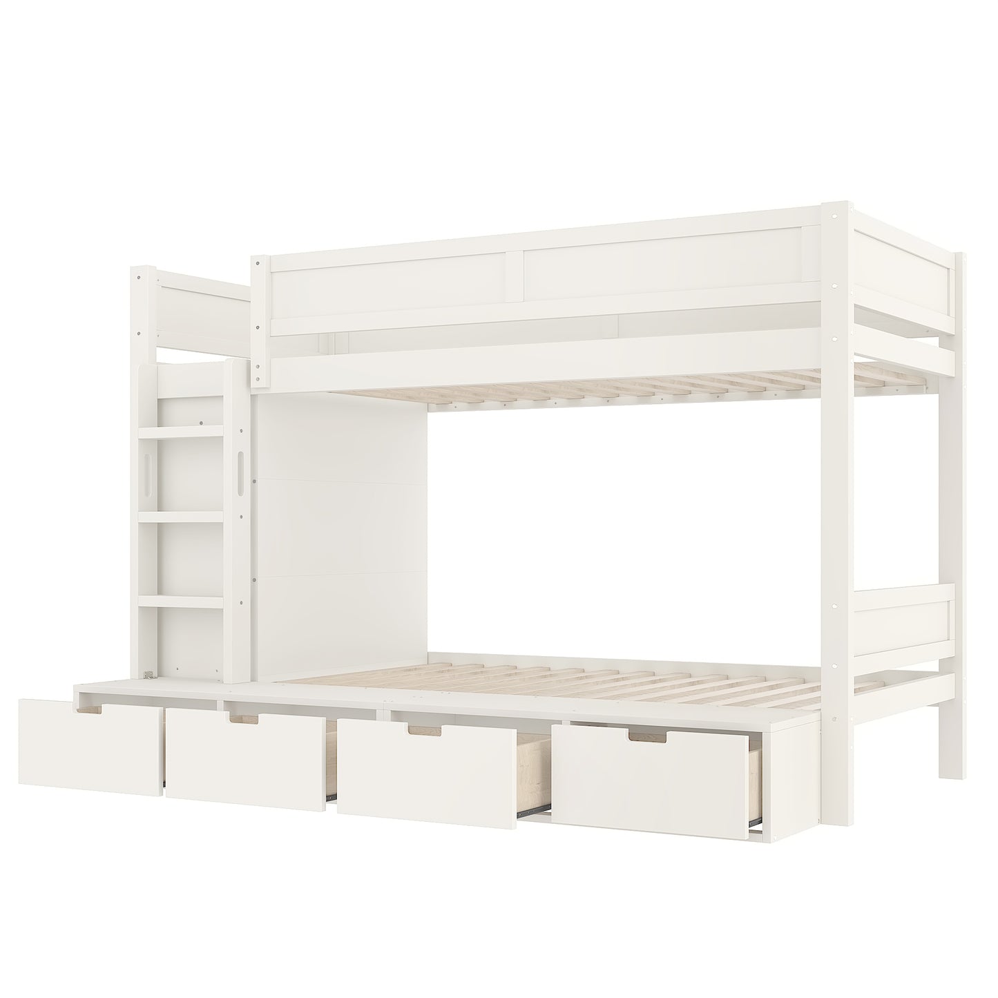 Twin over Twin Bunk Bed with 4 Storage Drawers, Solid Wood Bunk Bed with Built-in Wardrobe and Full-length Guardrails, No Box Spring Needed, Ivory image 12