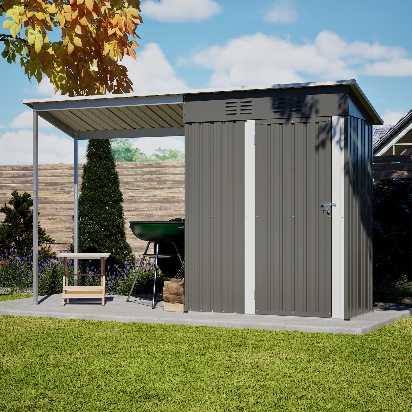 Durable 5x3FT Galvanized Steel Shed & Gazebo Combo, Easy Assembly Lean-To Storage with Open Pergola, All-Weather 2-in-1 Garden Shed for Tool Storage, Patio, Backyard image 12