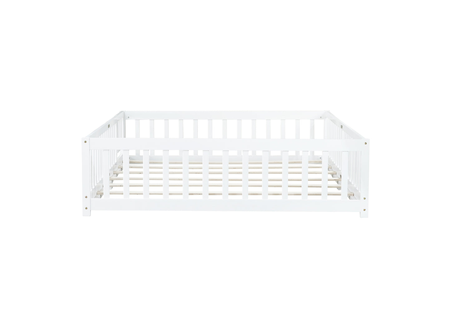Queen Size Floor Bed with Fence,Door,Rubber Wood Floor Bed with Safety Guardrails,White image 12