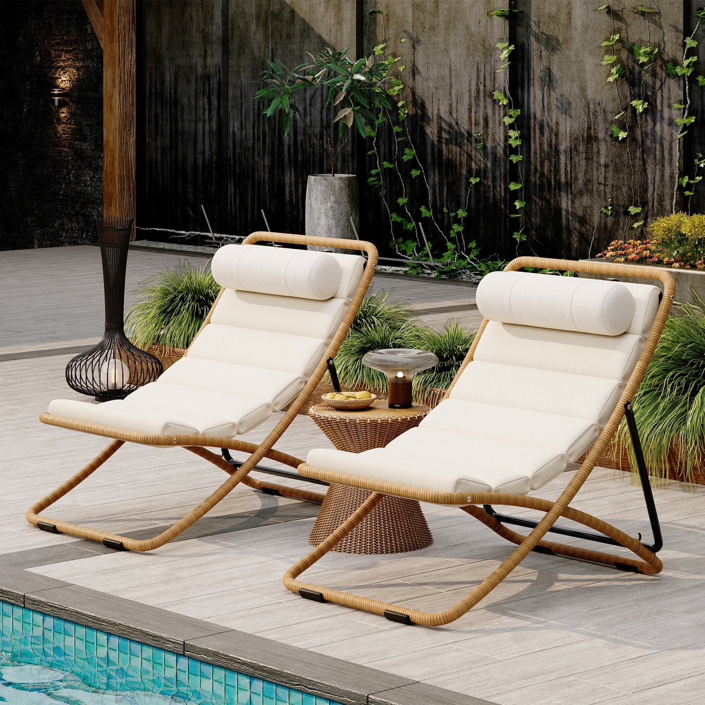TREXM 2-Pieces Outdoor Folding Chair, Rattan-Wrapped Patio Chair with Adjustable Backrest, Thick Cushion, and Detachable Headrest,for the Poolside, Beach, Backyard, Decck, and Camping (Yellow) image 12