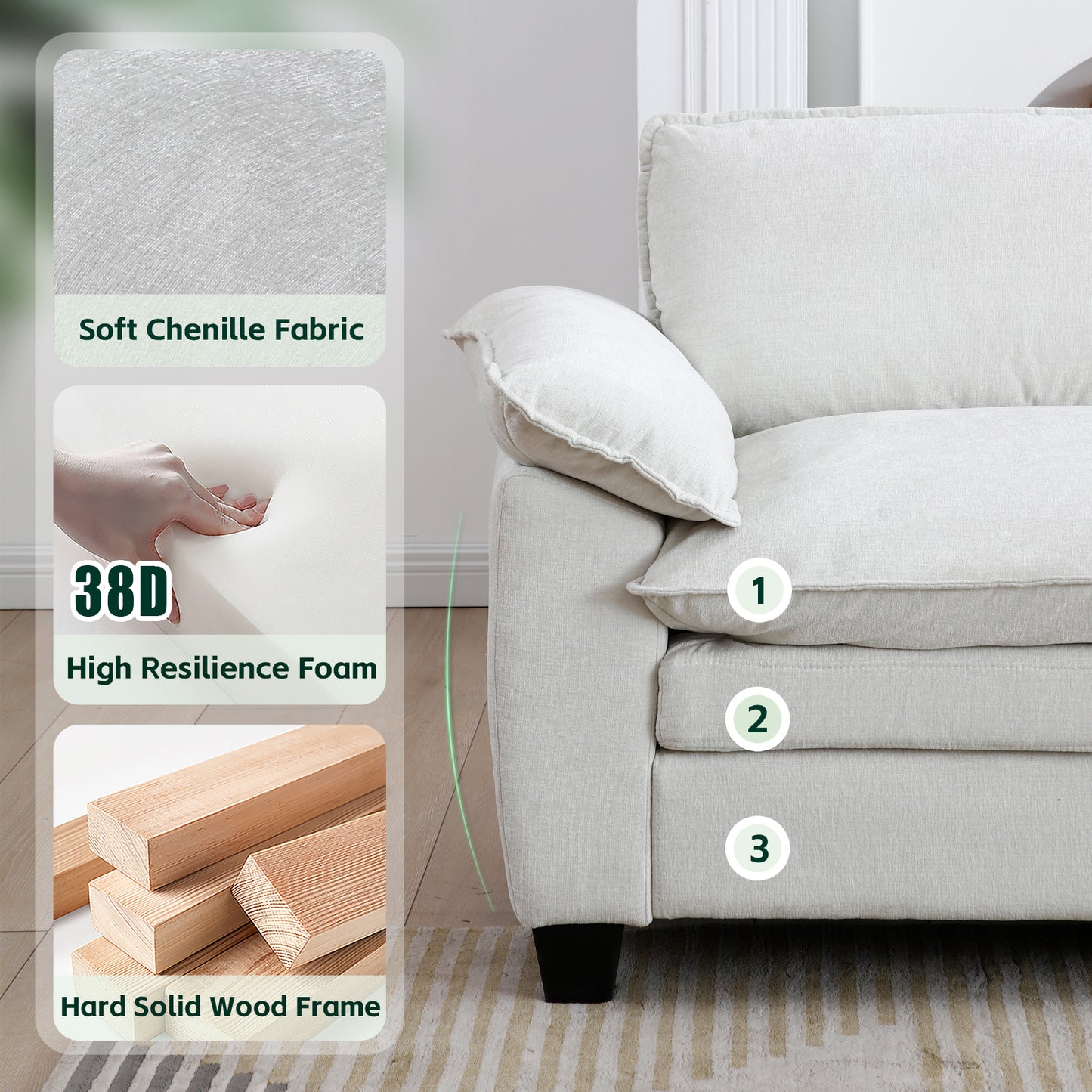 Living Room Furniture Big Loveseat Luxury Couch with Soft Chenille Upholstered Sofa Beige image 12