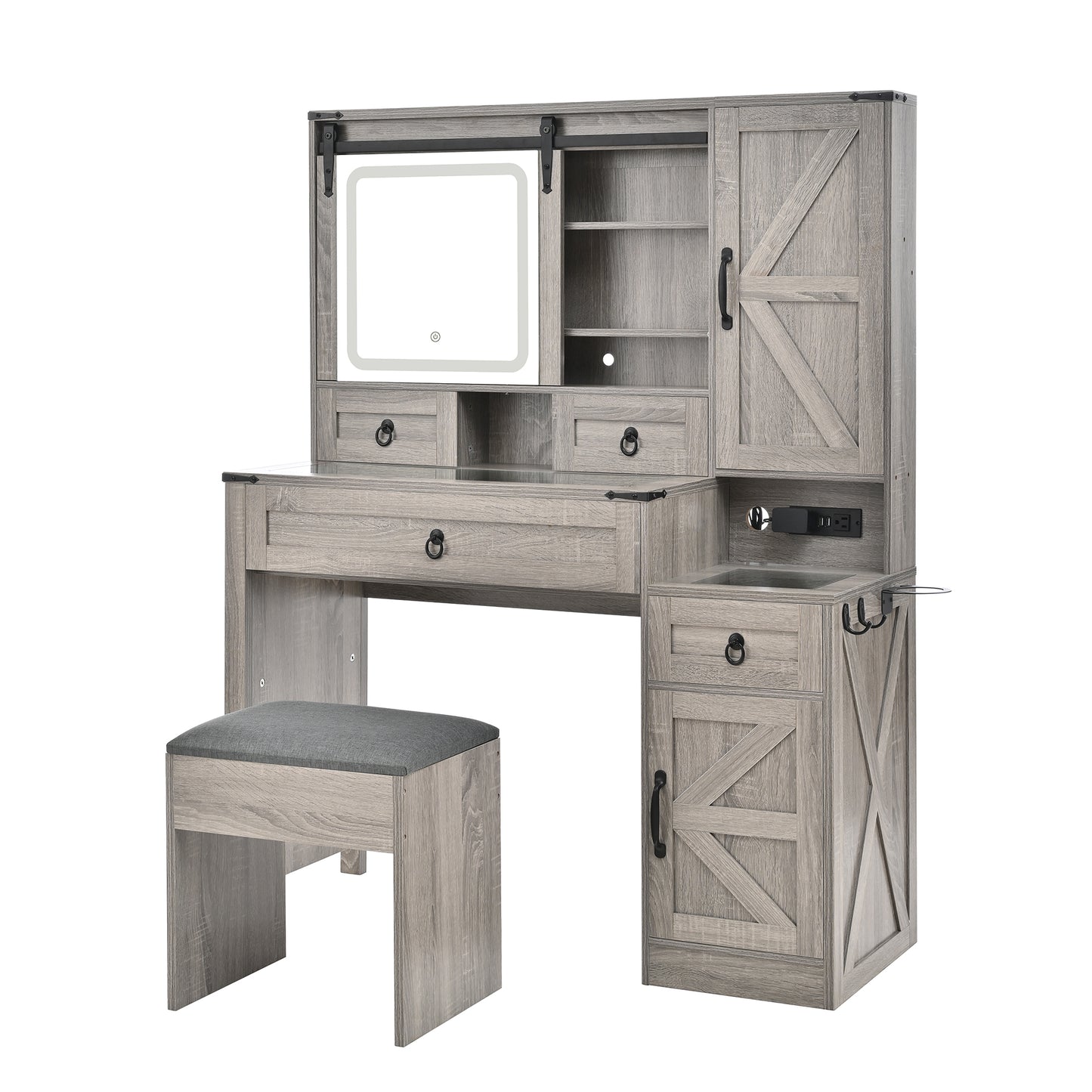Farmhouse Vanity Desk with Sliding Mirror and Lights, Vanity Set with Glass Top and Charging Station,Dressing Table with 4 Drawers and 2 Cabinets, Dressing Table with Stool for Bedroom, Gray image 12