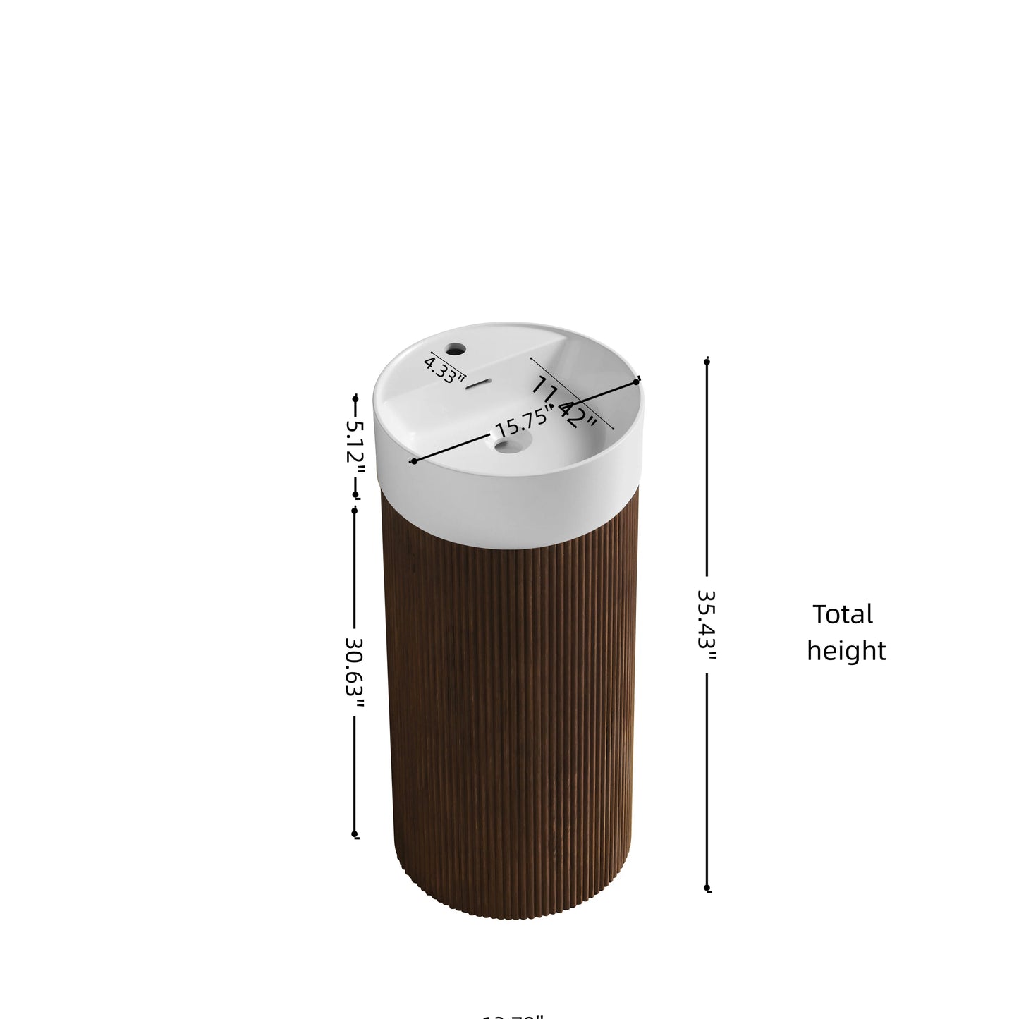 JINBO 16" Freestanding Cylindrical Cabinet, White Round Solid Surface Basin with Faucet Hole, NO Sink Cover, NO Faucet and Drain Set, Walnut Woodgrain Color image 5