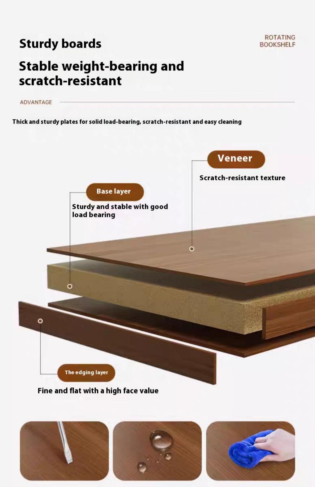 (UPGRADED) Rotating Bookshelf, 360 Display Corner Bookshelf for Small Space, 6 Tier Bookcase Storage Rack with Wheels, Wood Narrow Organizer for Bedroom, Living Room, Study Room, Walnut Brown image 12