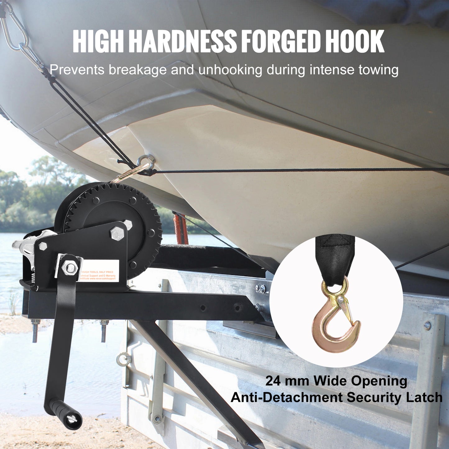 Hand Winch, 1200 lbs Pulling Capacity, Boat Trailer Winch Heavy Duty Rope Crank with 23 ft Polyester Strap and Two-Way Ratchet, Manual Operated Hand Crank Winch for Trailer, Boat or ATV Towing image 8