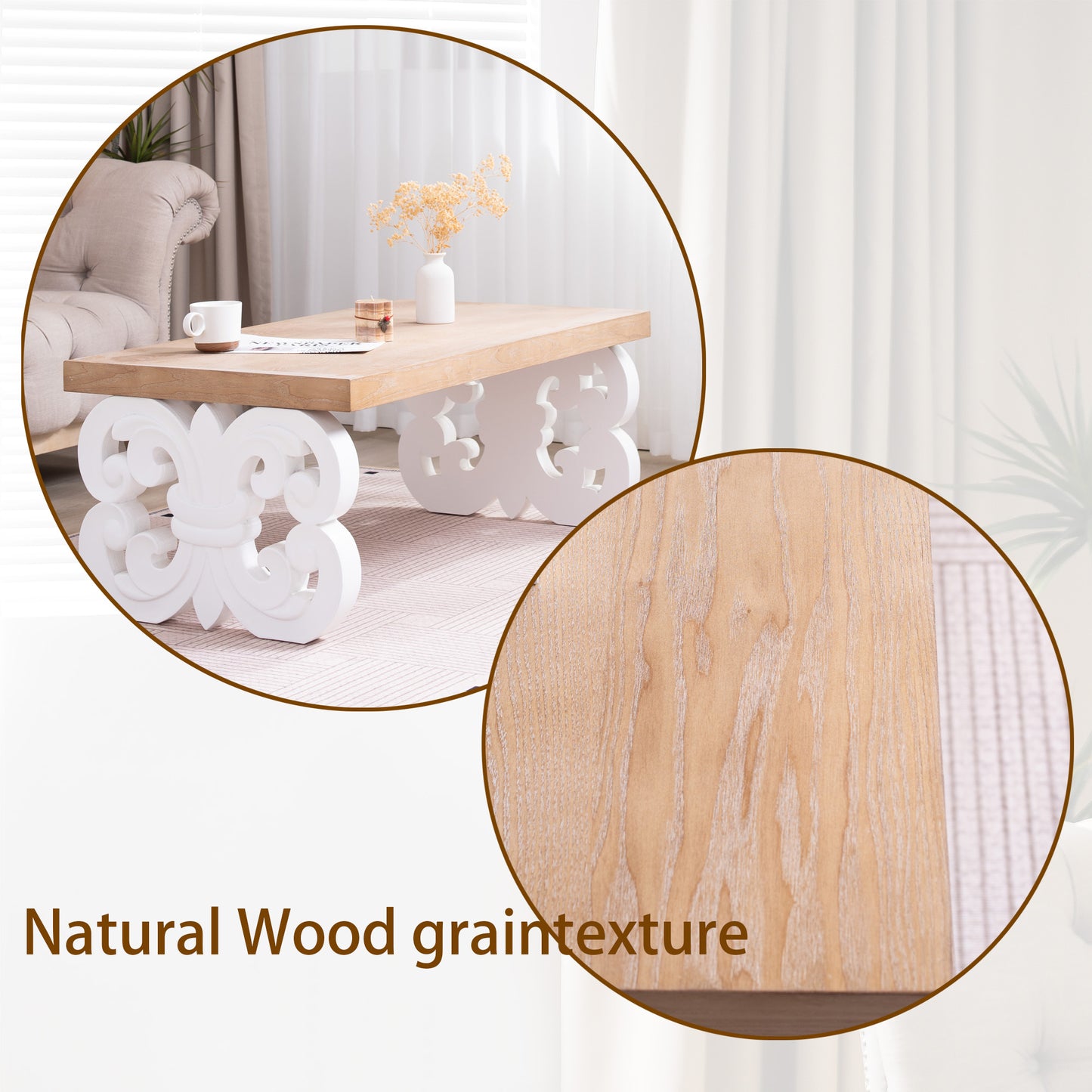 Ornate Wood Coffee Table – 47" Rectangular Farmhouse Style Table with White Carved Base and Natural Wood Top – Living Room Accent Table – Elegant Centerpiece for Modern or Traditional Decor image 11