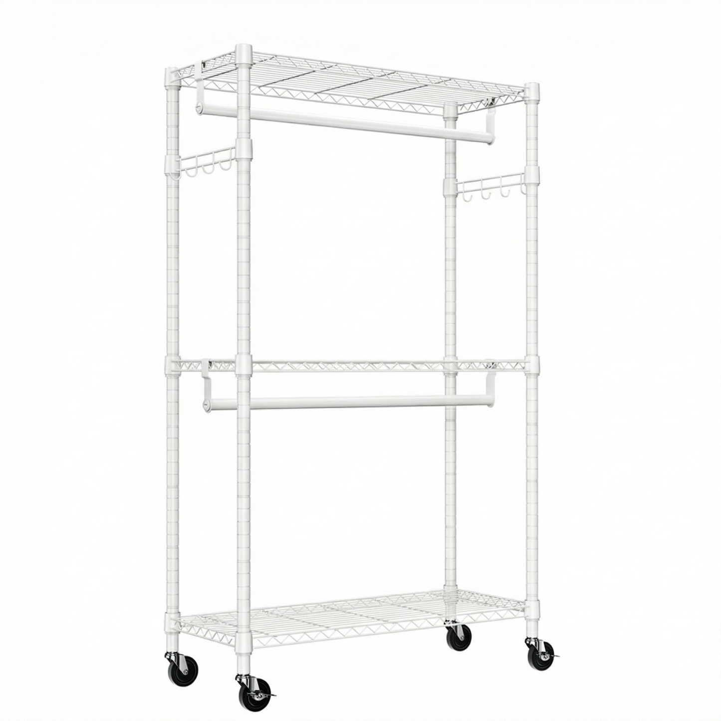 Heavy Duty Rolling Garment Rack 3 Tiers Adjustable Wire Shelving Clothes Rack with 2 Rods and Side Hooks,Storage Closet Clothing Rack with Wheels White 15.7" D x 29.5" W x 74.5" H image 8