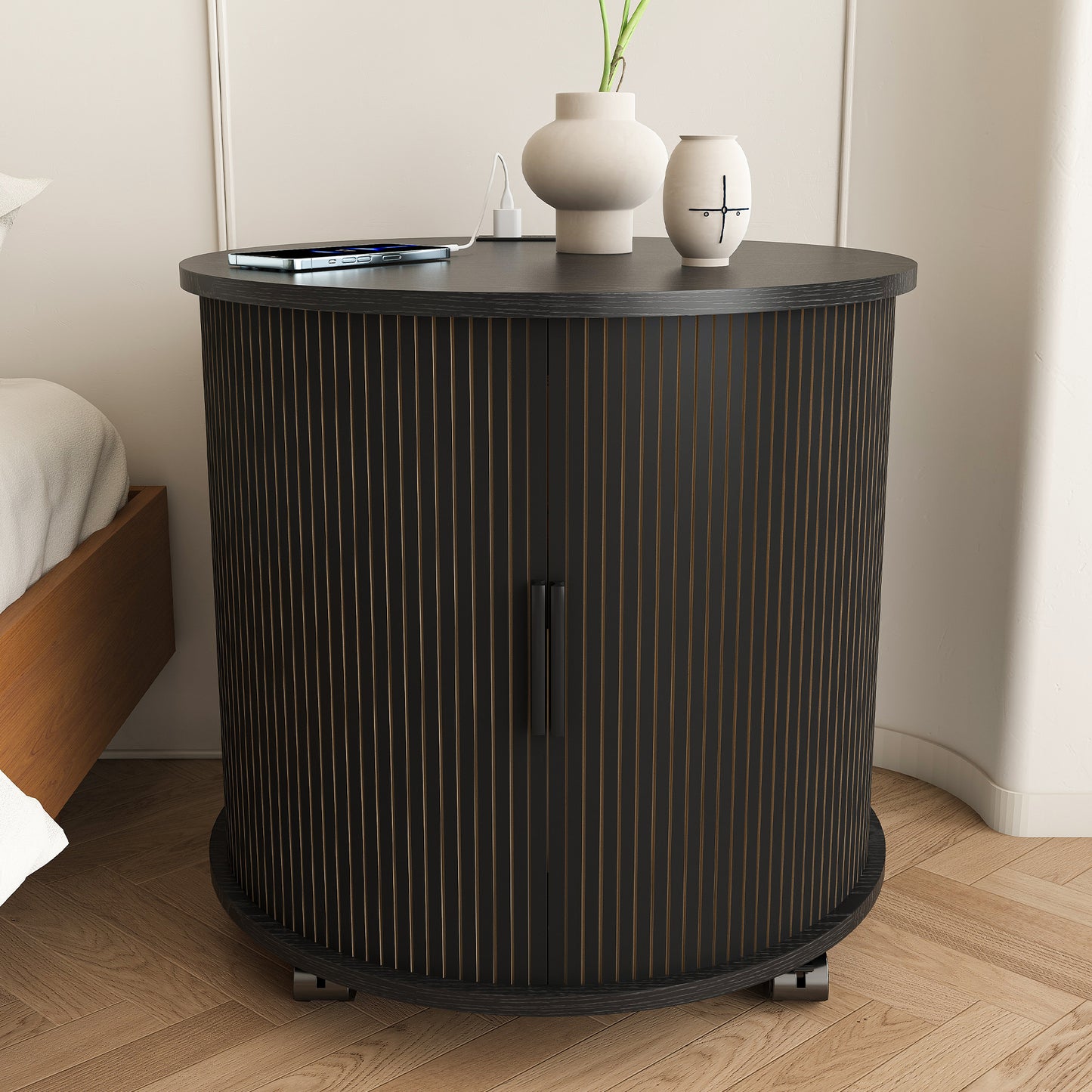 Set of 2 Mid Century Modern Cylinder End Table with Built-in Charging Station & Sliding Door, 2-Tier Storage Round Nightstand with USB Ports, Bedside Table for Living Room, Bedroom, Entryway-Black image 12