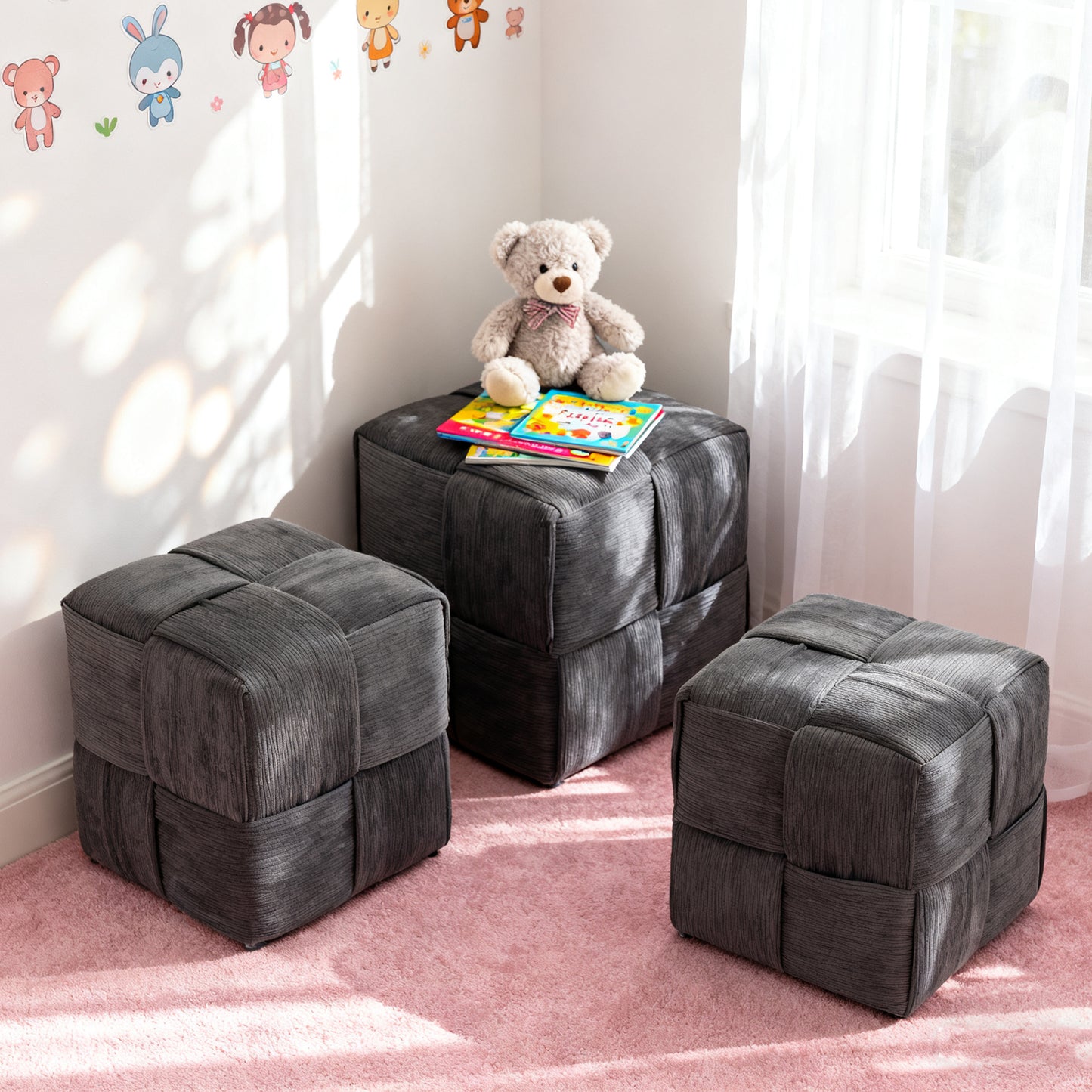 Ottoman Foot Rest Soft and Comfortable Ottoman Square Corduroy Woven Design Sofa Stool (Grey) image 9