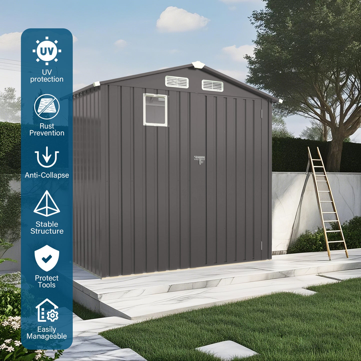 6X 3.6FT Metal Outdoor Storage Shed, Tool Shed with Peaked Roof Watertight with Clear Window and Lockable Door Compact Metal Tool Room for Garden, Backyard, Patio, Sundries and Bike Storage, Gray image 12