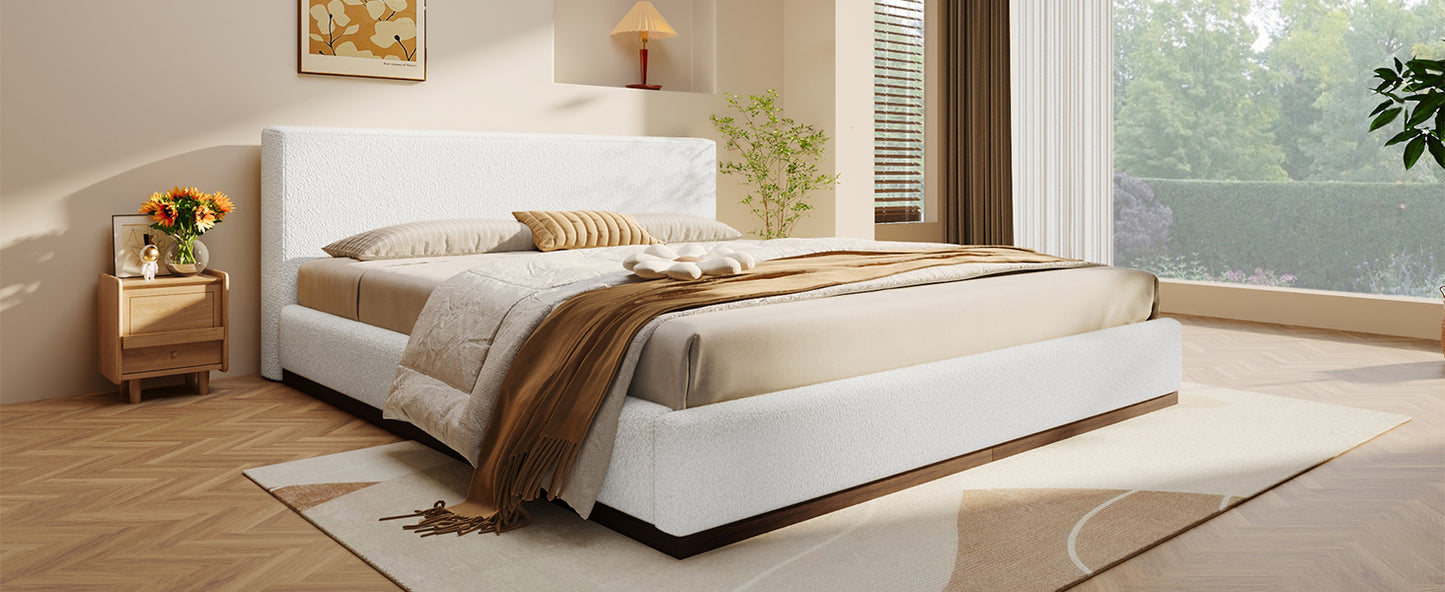 Elegant White Fabric Upholstered Bed With Nice Wood Grain Textured Brown Solid Wood Base Frame,White,Queen image 12