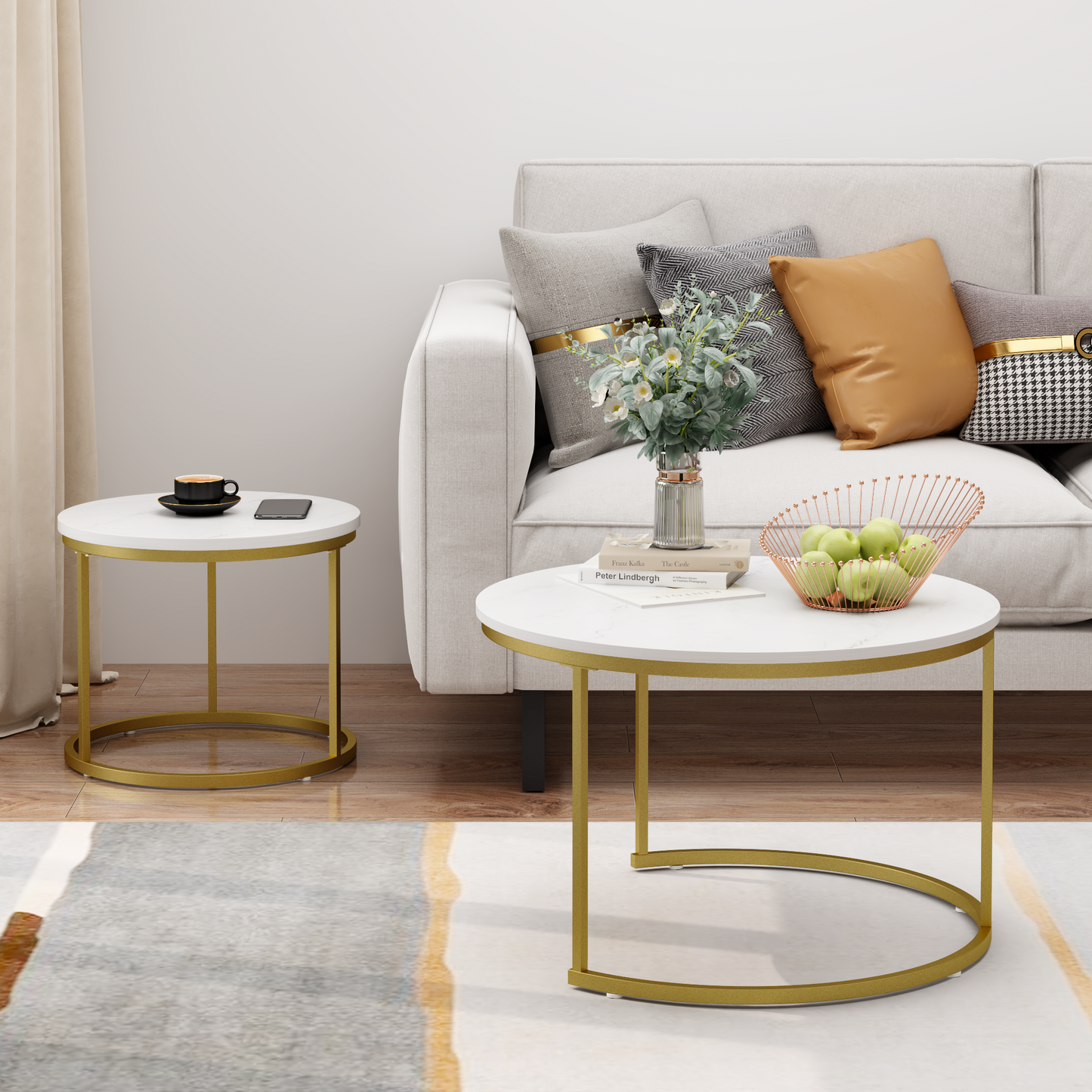 27.6in Nesting Coffee Table Set of 2, Round Coffee Table Wood Marble Pattern Top with Sturdy Metal Frame, End Table Side Tables for Living Room Bedroom Balcony Yard (White) image 12