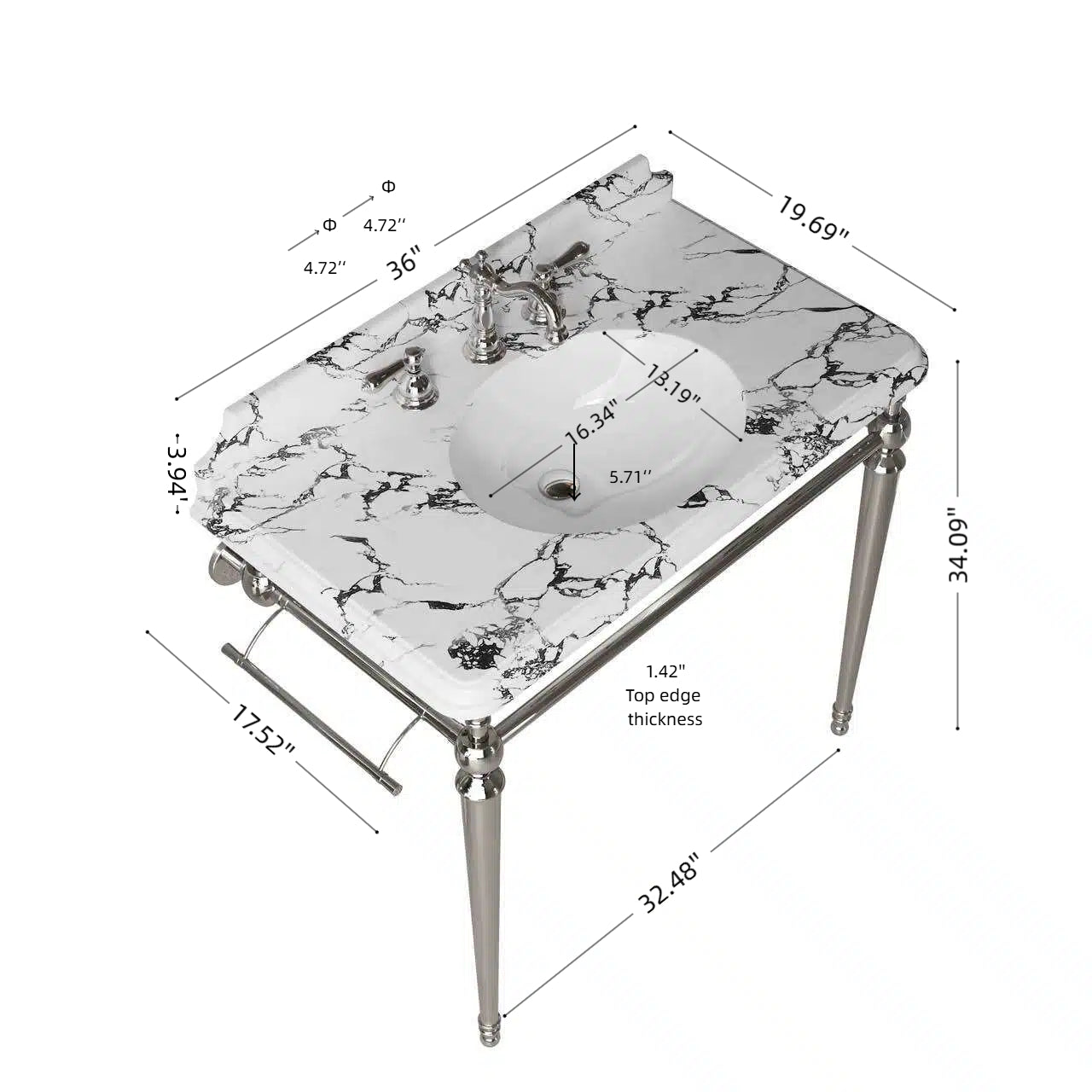 VICI 36" Bathroom Console Sink, Undermount Ceramic Vanity Basin&Panda White Artificial Marble Top with 3 Pre-drilled Faucet Holes, Freestanding Stainless Steel Support Legs with Towel Bar,Chrome Color image 5