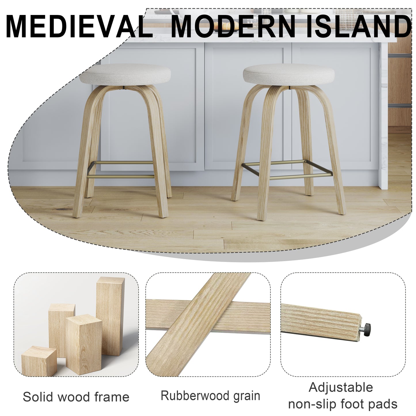 Swivel Bar Stools Set of 2, Counter Height Backless 26″ Bar Stool, Fabric Upholstered Seat, Sturdy Wood Legs and Metal Footrest, Mid-Century Modern Island Stools for Home Bars, Restaurants, Beige image 12