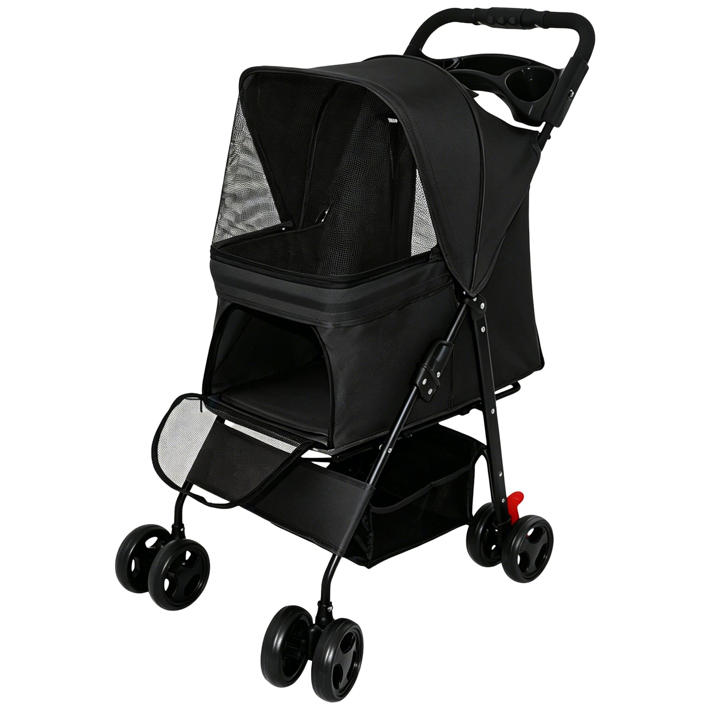 Foldable Pet Stroller for Small Dogs and Cats Under 28 lbs with Multi-Functional Tray, 2 Safety Leashes, Storage Basket & Breathable Mesh, 4 Wheels Pet Stroller, Black image 12