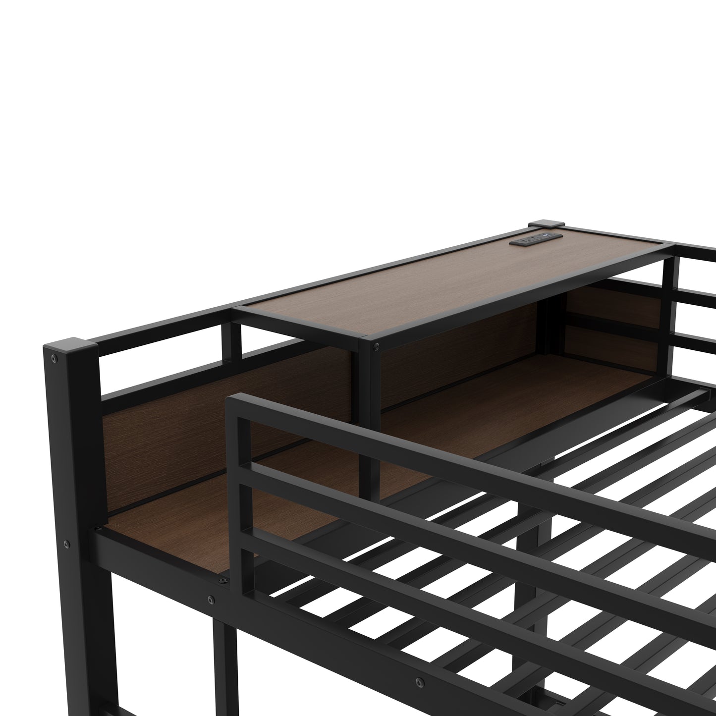 Full Size Metal Bunk Bed with Storage Shelves, LED light strip, and USB power strip, black image 12