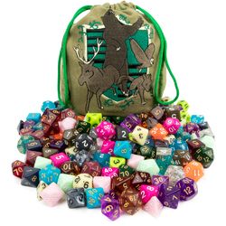 Bag of Tricks: 140 polyhedral dice in 20 complete sets with community-named colors, displayed in a bag