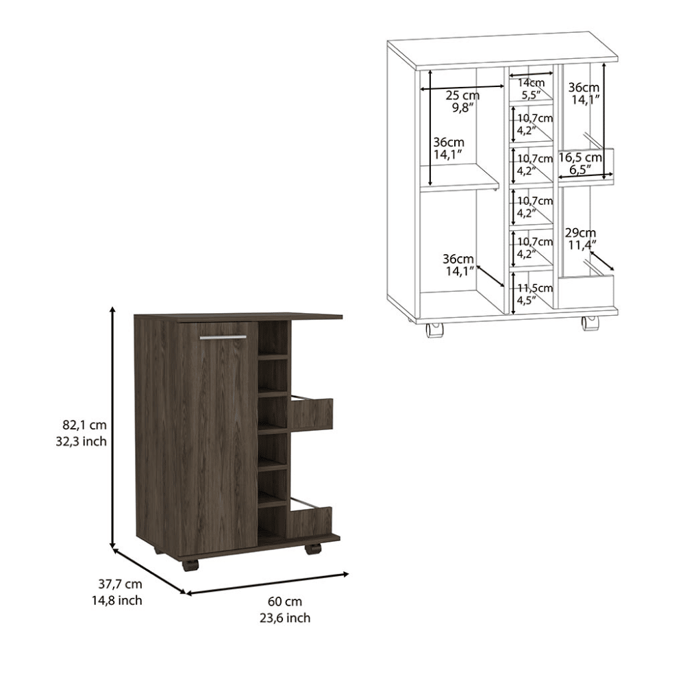 Bar Cart, Four Casters, Single Door Cabinet, Two External Shelves, Dark Walnut image 6