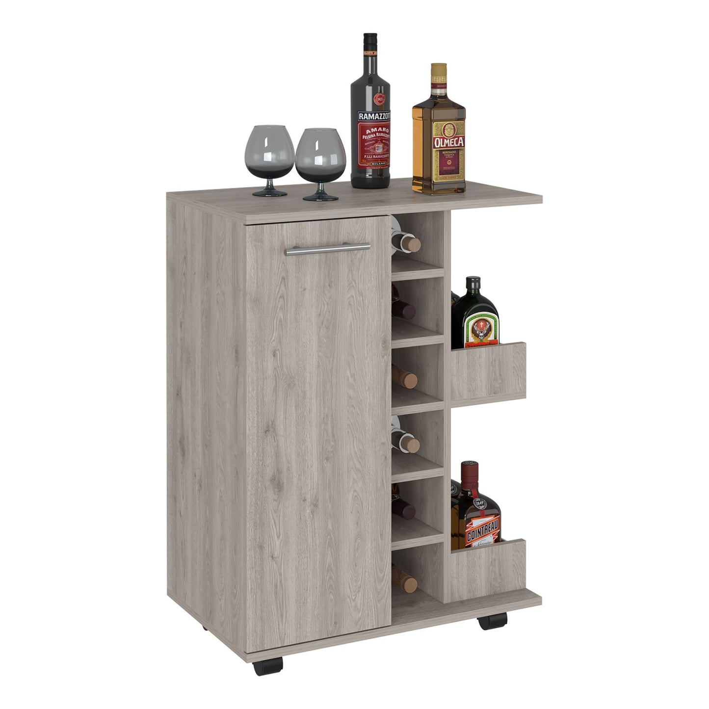 Bar Cart, Four Casters, Single Door Cabinet, Two External Shelves, Light Gray image 6