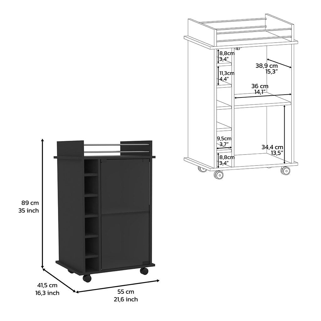 Bar Cart, Glass Door, Four Casters, Two Shelves, Black image 8
