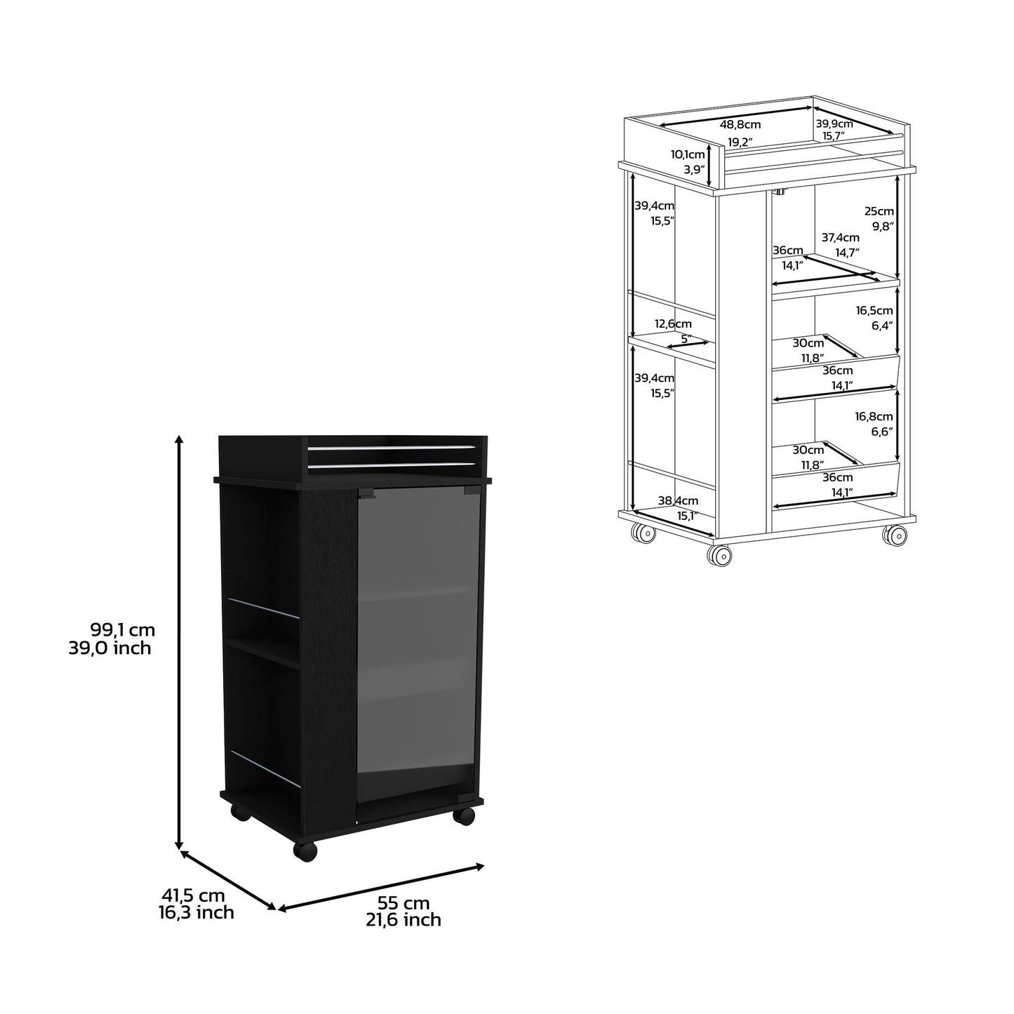 Bar Cart with Glass Door, 2-Side Shelves and Casters, Black image 5