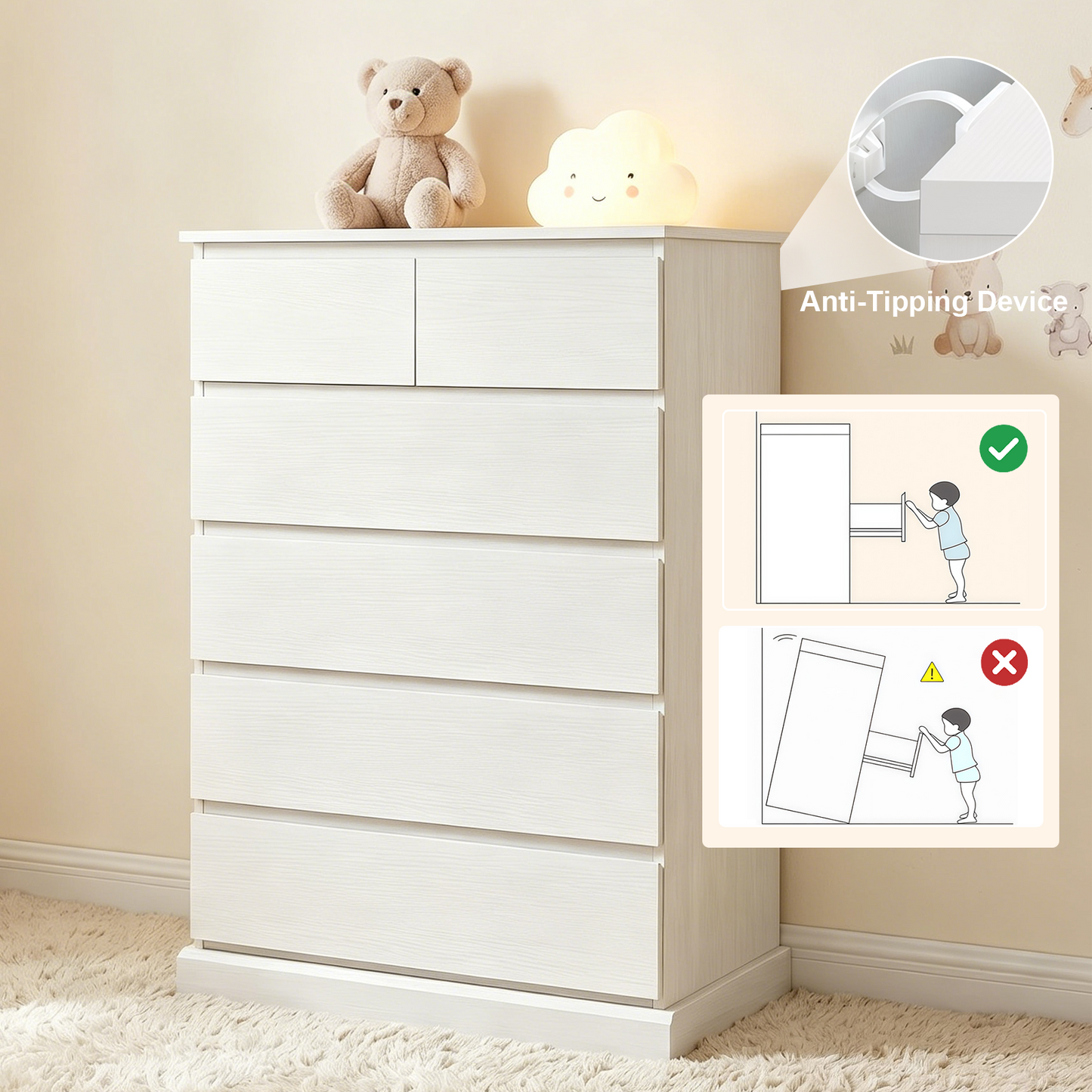 6 Drawers Dresser for Bedroom, Tall Dresser for Bedroom, Modern Chest of Drawers with Concealed Handles, Vertical Wood Storage Cabinet for Bedroom, Living Room, Entryway, White image 10