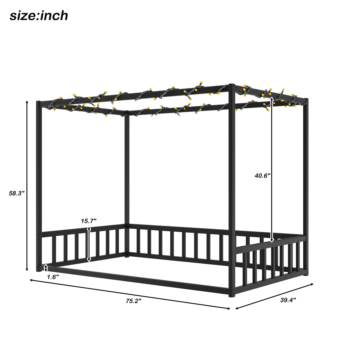 Twin size sunshade floor bed, iron double-size bed frame, modern low-profile double-size bed, equipped with fence-style guardrails, black series image 9