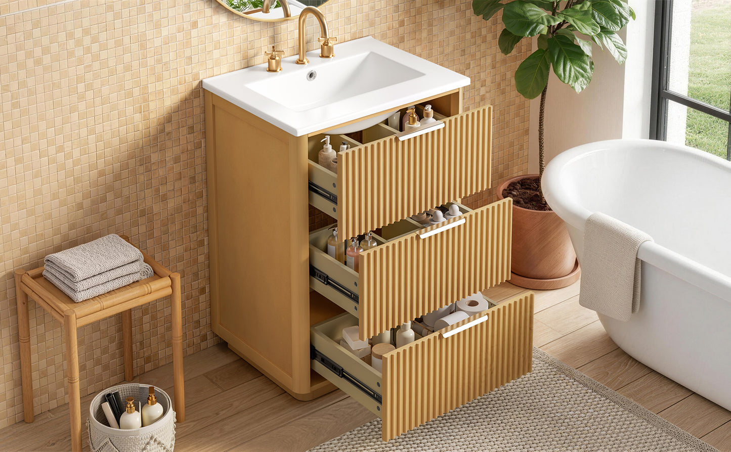 24 inch Modern Luxury Bathroom Vanity with Ceramic Sink, Bathroom Cabinet with Open Shelf and Closed Storage image 12