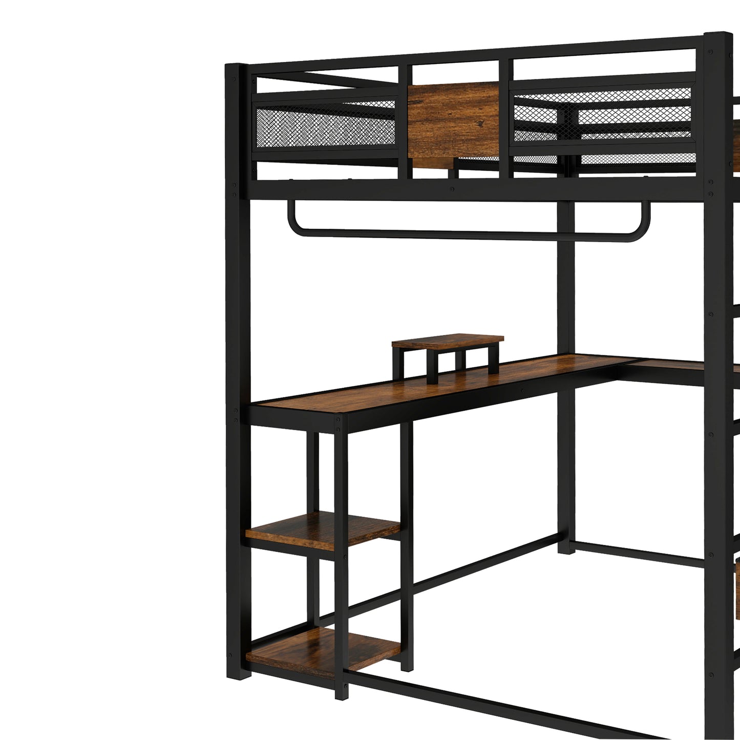 Queen Loft Bed with Desk and Storage Non-woven Fabric Drawers, Metal Loft Bed Frame with Ladders, Nosie-free and No Spring Box Needed, Black image 12