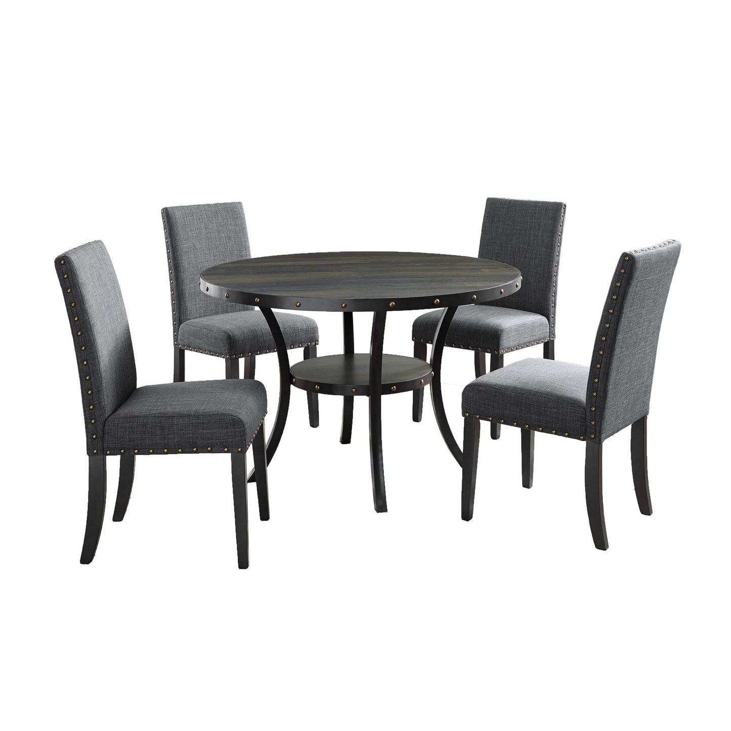 Biony Espresso Wood Dining Set with Gray Fabric Nailhead Chairs image 10