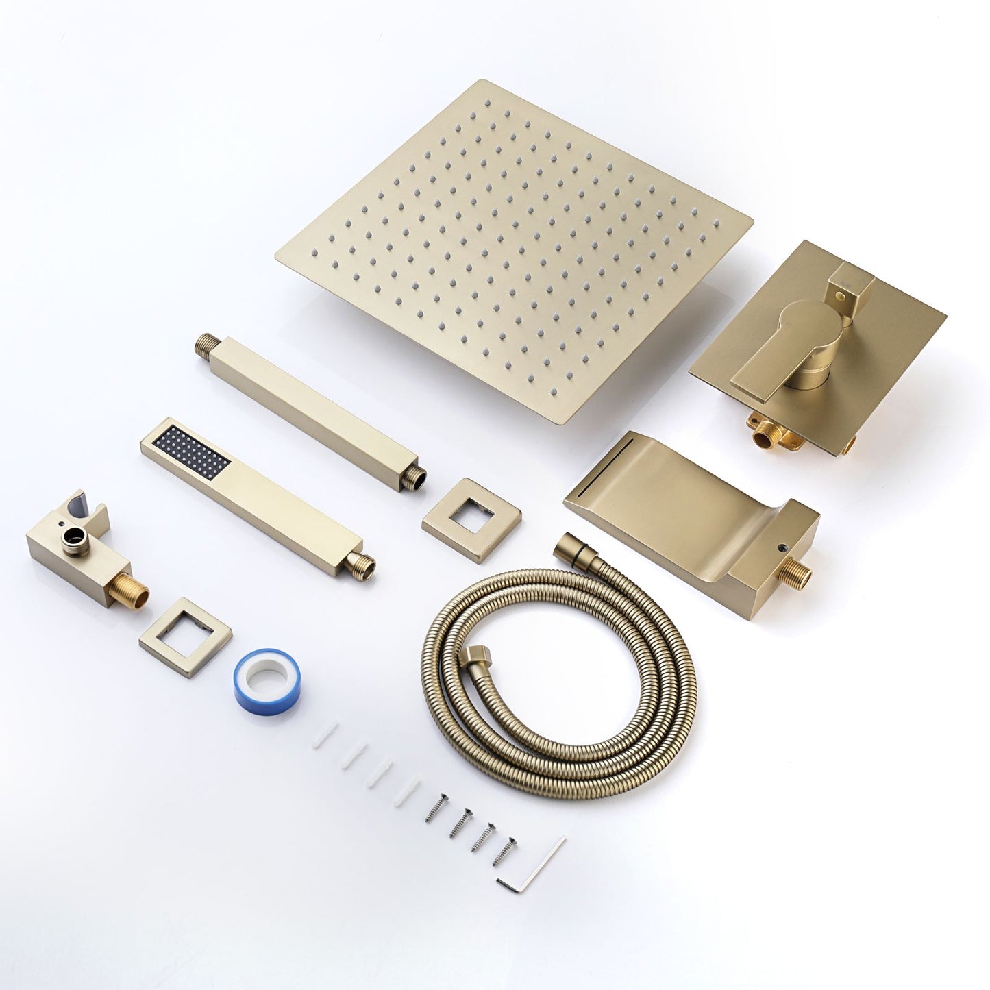 Brushed Gold 12 inches Rain Shower Faucet Sets with Waterfall Tub Spout and Handheld Shower Head image 8