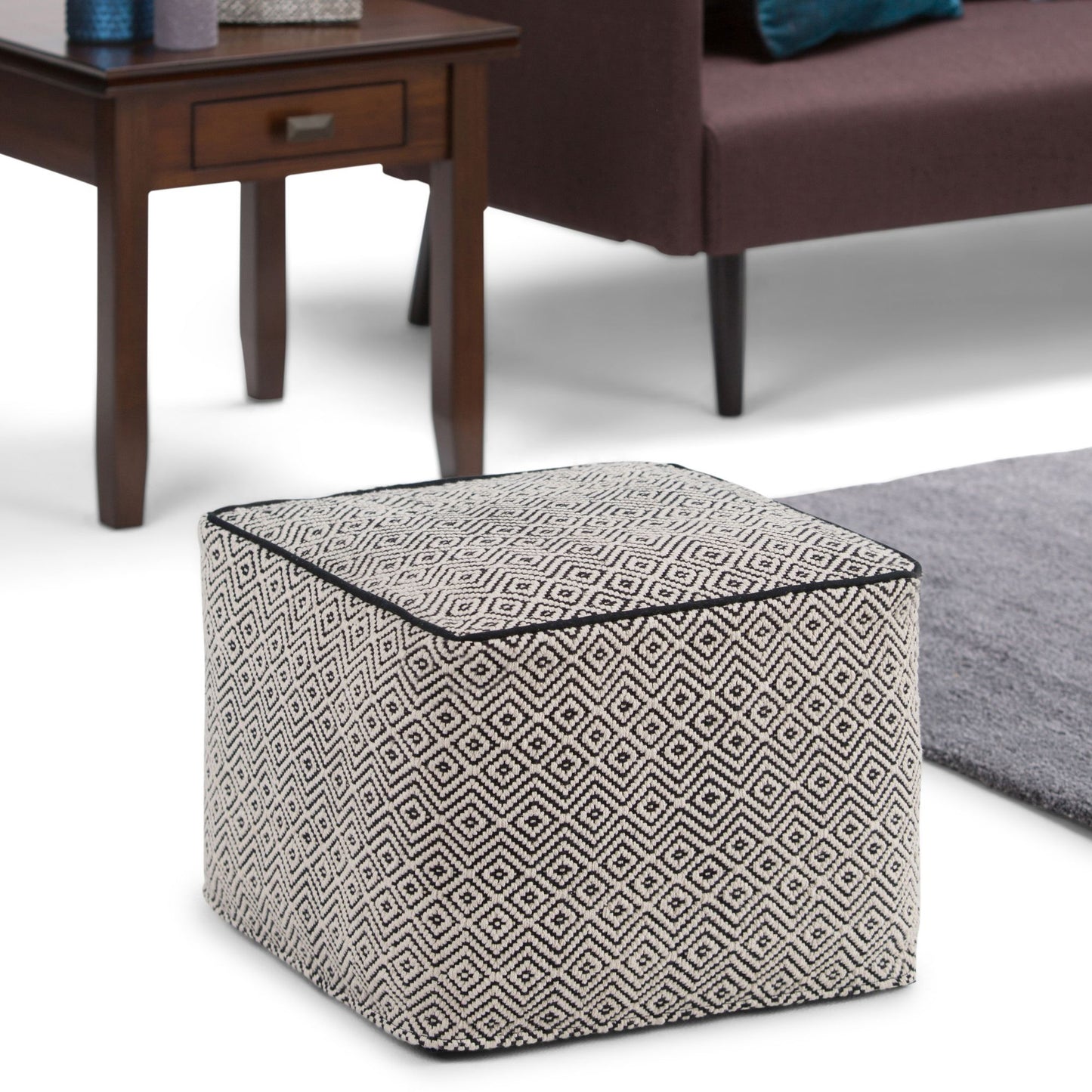 Brynn 18 inch Wide Square Pouf in Patterned Black and Natural Handwoven Cotton image 6