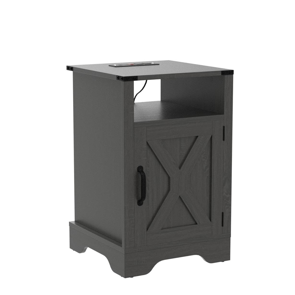 Farmhouse Nightstand with Charging Station Wooden Rustic End Table for Bedroom, Living Room, 16" D x 16" W x 25" H(Set of 1), Dark Grey image 9