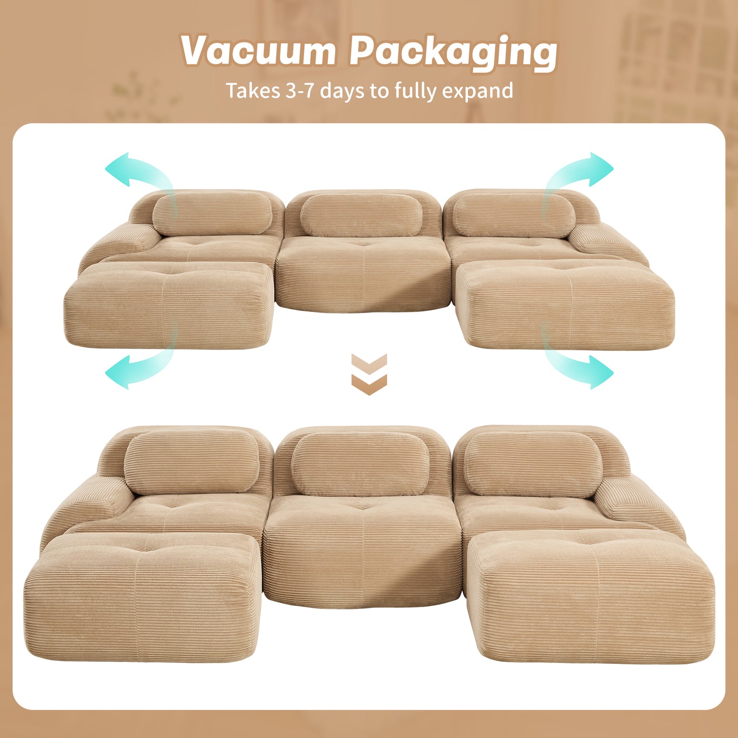 U-shaped modular sofa premiumCorduroy Fabric fabric no assembly anti-slip design pet-friendly extra-wide curved armrests 32D high-resilience sponge for living rooms bedrooms studie,Camel image 12